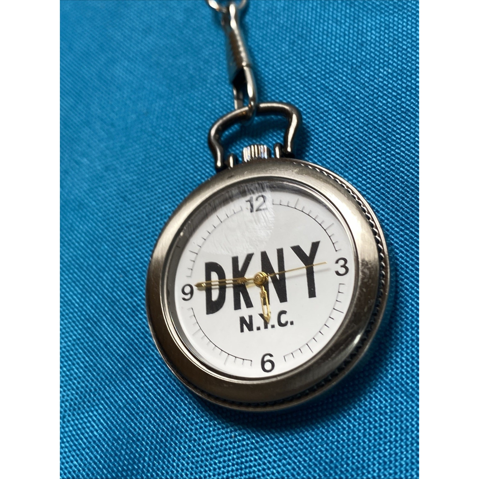 Dkny Silver Pocket Watch With Silver Chain Quartz Works New Battery
